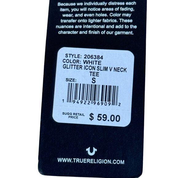 True Religion Women's Glitter Icon Slim V-Neck Tee White 100% Cotton .Size Small - Picture 4 of 7